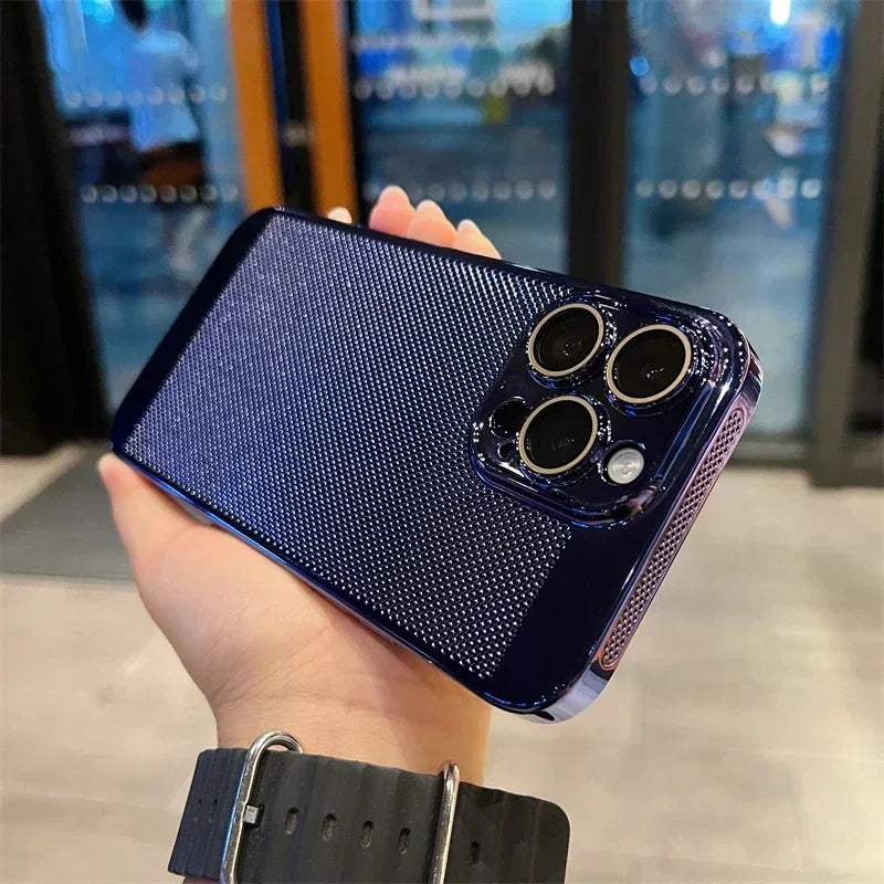 Luxury Plating Hollowed Out Case for iPhone 17 Pro 16 15 14 Pro Max Plus 13 12 Mini 11 17Air Heat Dissipation Shockproof Cover