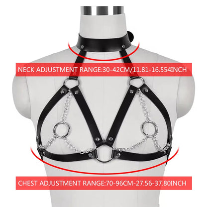 BDSM Alternative Training Sexy Black Leather Collar, nipple clamps, waist binder, and bralette