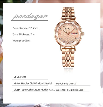 POEDAGAR Watch Women New Fashion Luxury Stainless Steel Wristwatch Bracelet Simple Rose Gold Waterproof Luminous Ladies Watches