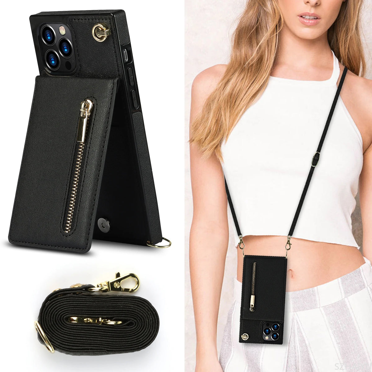 Zipper Wallet for IPhone 17 Air 16 16E 15 14 13 12 11 Pro Max Plus Case with Card Holder Lanyard Strap Crossbody Leather Cover