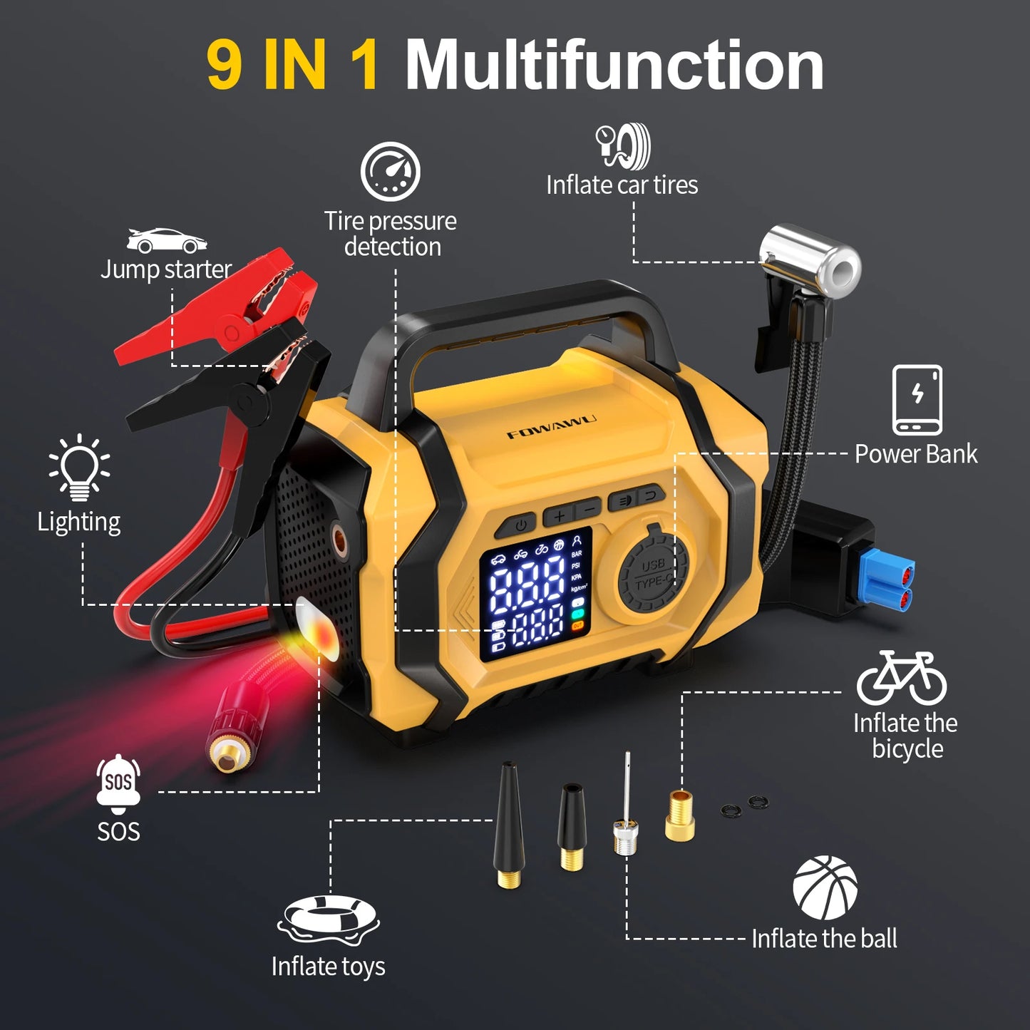 FOWAWU 6000A 26800mAh Jump Starter with Air Compressor,Car Battery Power Bank (ALL Gas/10.0L Diesel), Auto-Shutoff Tire Inflator
