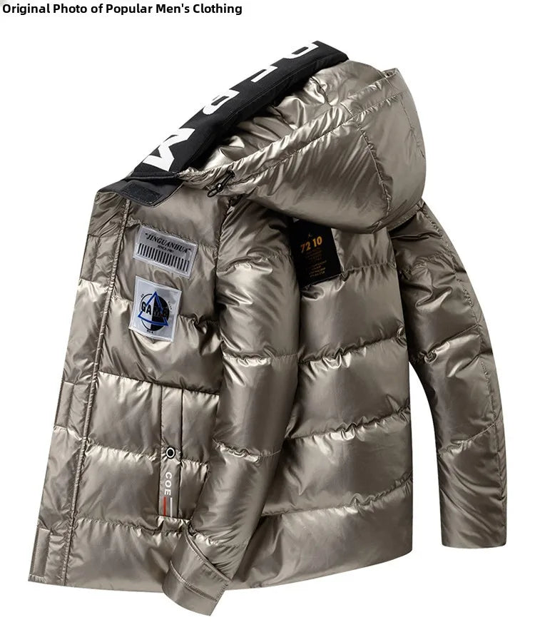 New Winter Men's down Jacket Thickened Short Bright Leather Fur Collar Warmth Anti-Cold Youth Short Stylish Polyester Fiber