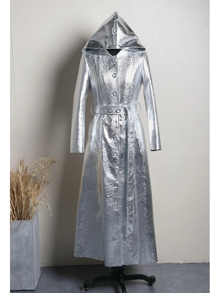 Lautaro Spring Autumn Extra Long Cool Silver Shiny Reflective Pu Leather Trench Coat for Women with Hood Luxury Runway Fashion