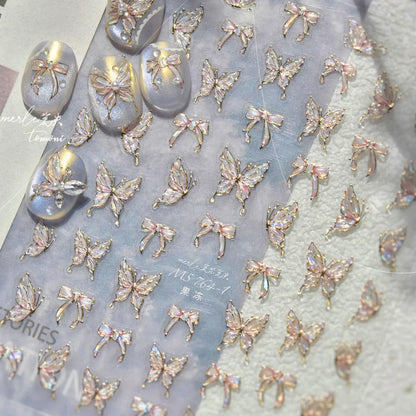 Shiny Jelly Butterfly Charming Golden Gradient Bowknot 5D Self Adhesive Nail Art Sticker Flower Petal Rhinestone Manicure Decals