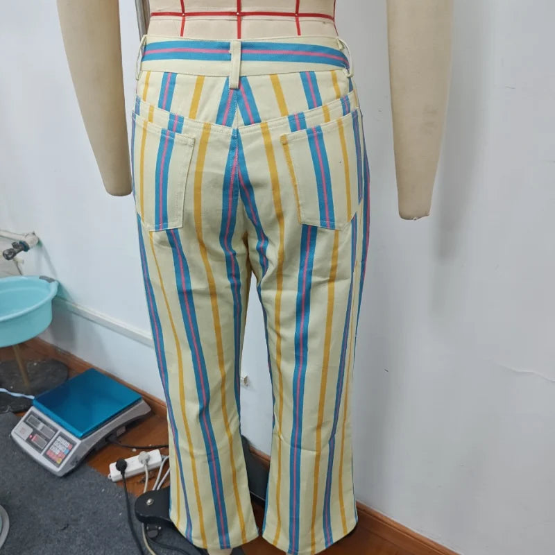 Casual Striped Women's Jeans Mid-rise Single Button Pockets Lady Curved-leg Pants 2026 Spring Summer Fashion Female Trousers