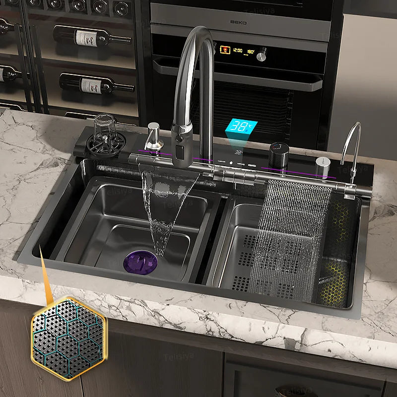Household Waterfall Digital Display Kitchen Sink Stainless Steel Multifunction Wash Dish and Vegetables Basin Large Single Slot