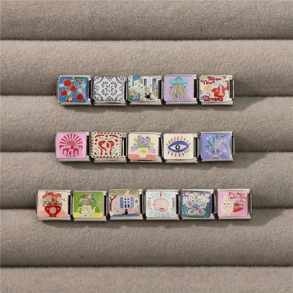 Fashion Drip Glaze Blue Eyes Colorful Butterfly Italian Charm Links Fit 9mm Stainless Steel Bracelet Jewelry DIY Making Beads