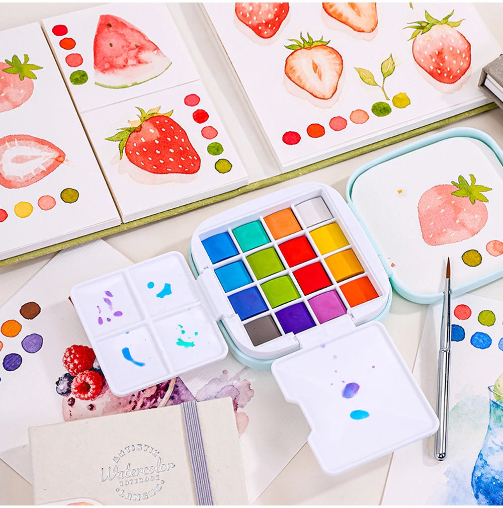 16 Colors Mini Portable Solid Watercolor Paint Set with Brush & Palette Travel Sketching Painting Box for Art Drawing Sketching