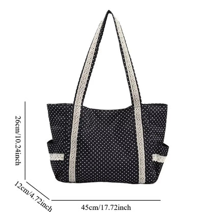Women Shoulder Bag For Korean Vintage Canvas Cute Lace Large Capacity Tote Multi Pocket Handbag Fashion Round Dot Underarm Bag