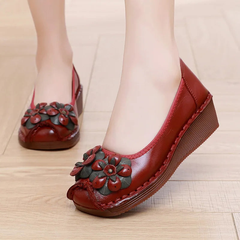 Vintage Flower Moccasins Woman Genuine Leather Ballet Flats Ladies Hollow Slip Ons Women's Luxury Loafer Purple Walking Shoes 42