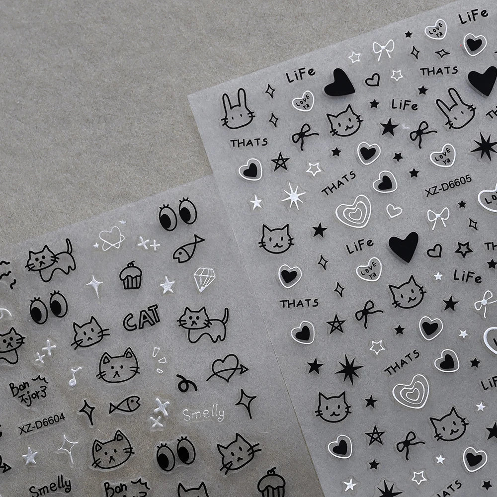 12pcs/set Cute Cartoon Dog/Cat Nail Art Stickers 3D Graffiti Black Cat Dog  Nail Decals 8*10cm Self-Adhesive Cartoon Nail Art Su