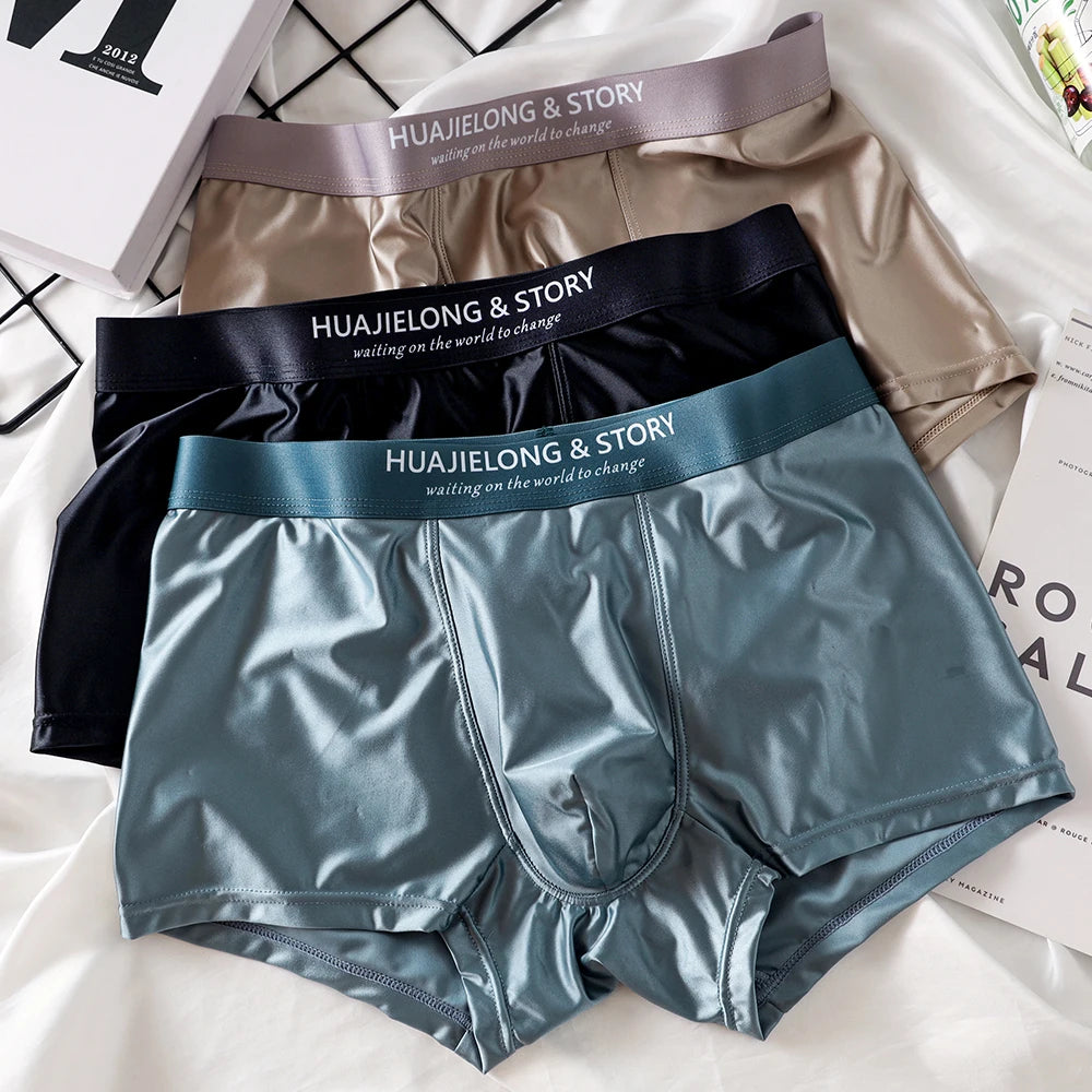 1/3Pcs Breathable Thin Satin Silk Boxer Briefs Seamless Mid Waist Ice Silk Boxers Underpants Smooth Underwear for Men Daily