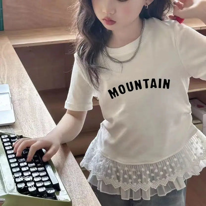 Childrens clothing baby girls summer casual lace t-shirt 2025 short sleeved Lace splicing new white tops 3-12 kids clothes