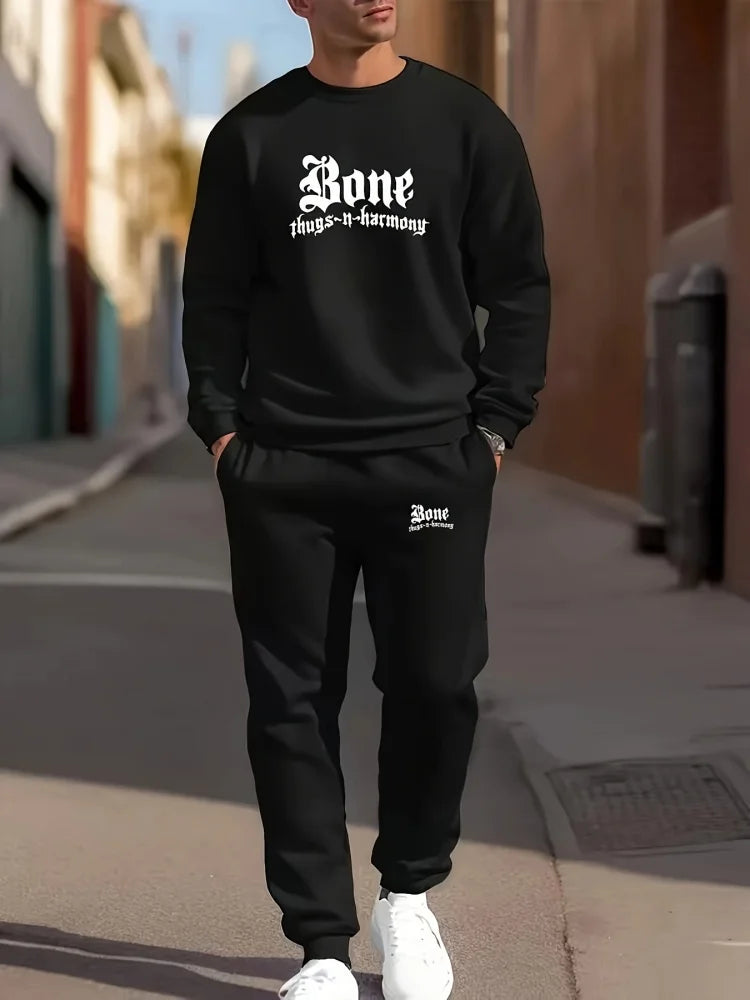 Autumn Casual Men's Long-Sleeve Set Trendy Gradient Print Outdoor Crew Neck Long-Sleeve Top & Casual Pants Two-Piece Set