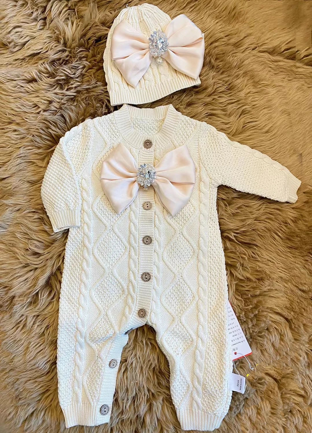 Dollbling Baby Boys' Knit Ribbed Romper Jumpsuit with Bodysuit and Hat 3pcs Set Newborn Cotton Knitted Sweater Romper Suit