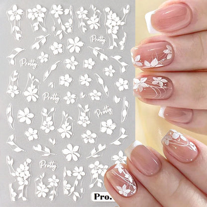 2pcs White Flower 3D Nail Art Stickers Sakura Blooming Florals Leaf Self-Adhesive Nail Decorations Sliders for DIY Manicure