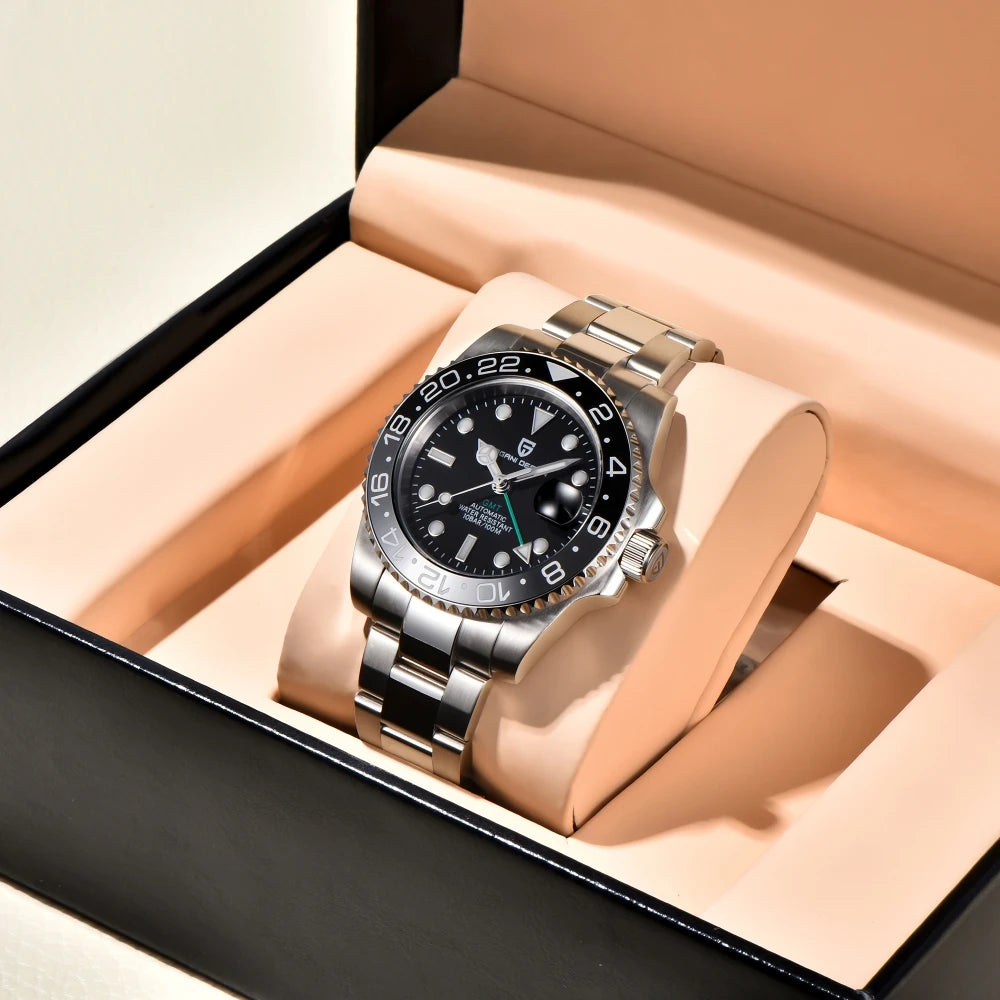 PAGANI DESIGN 40MM Black Gray Dual Tone Automatic Mechanical GMT WATCH Sapphire Glass Stainle Steel Sports luminous Watches men