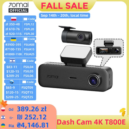 70Mai T800E 3-Channel Dash Cam Front 4K + Rear 1080P + Interior 1080P Hdr Supercapacitor 24H Parking Gps Voice Control Wi-Fi6
