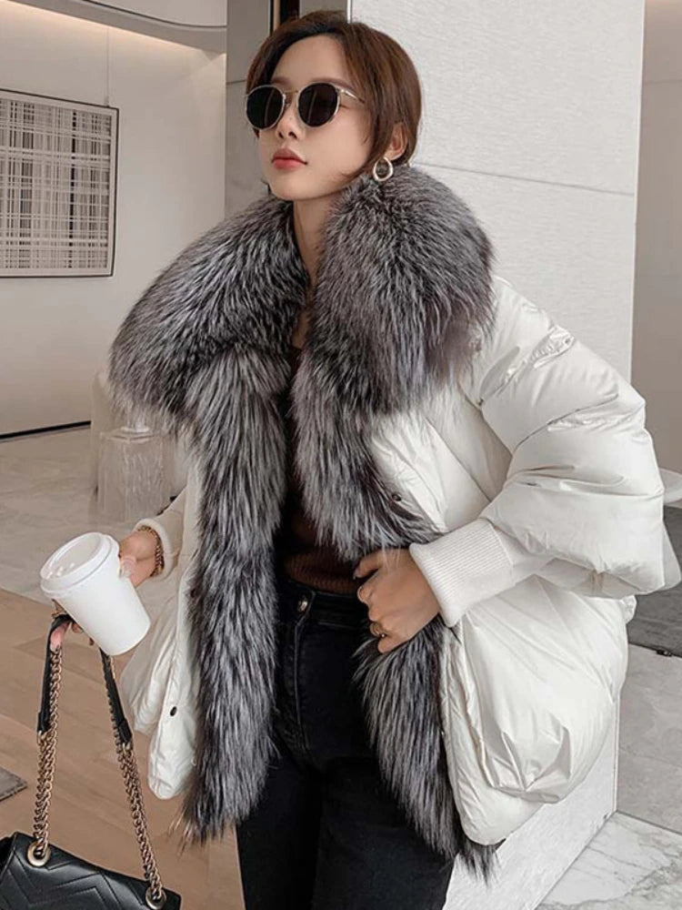 Oversized Winter Warm Real Fox Fur Collar Black Down Coat Women Puffer Outerwear Jackets 2024 Autumn Winter