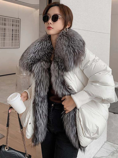 Oversized Winter Warm Real Fox Fur Collar Black Down Coat Women Puffer Outerwear Jackets 2024 Autumn Winter