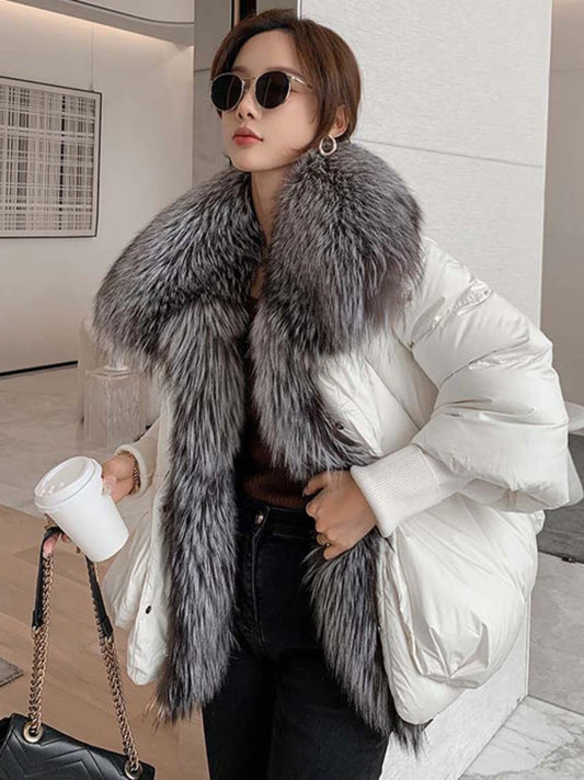 Oversized Winter Warm Real Fox Fur Collar Black Down Coat Women Puffer Outerwear Jackets 2024 Autumn Winter