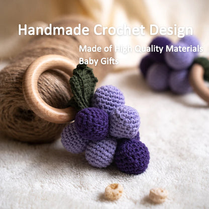 Wooden Baby Teether Cute Fruit Style Handmade Crochet Rattle Toys Newborn Soother Teething Chew Toys for Boys Girls Babies Gifts