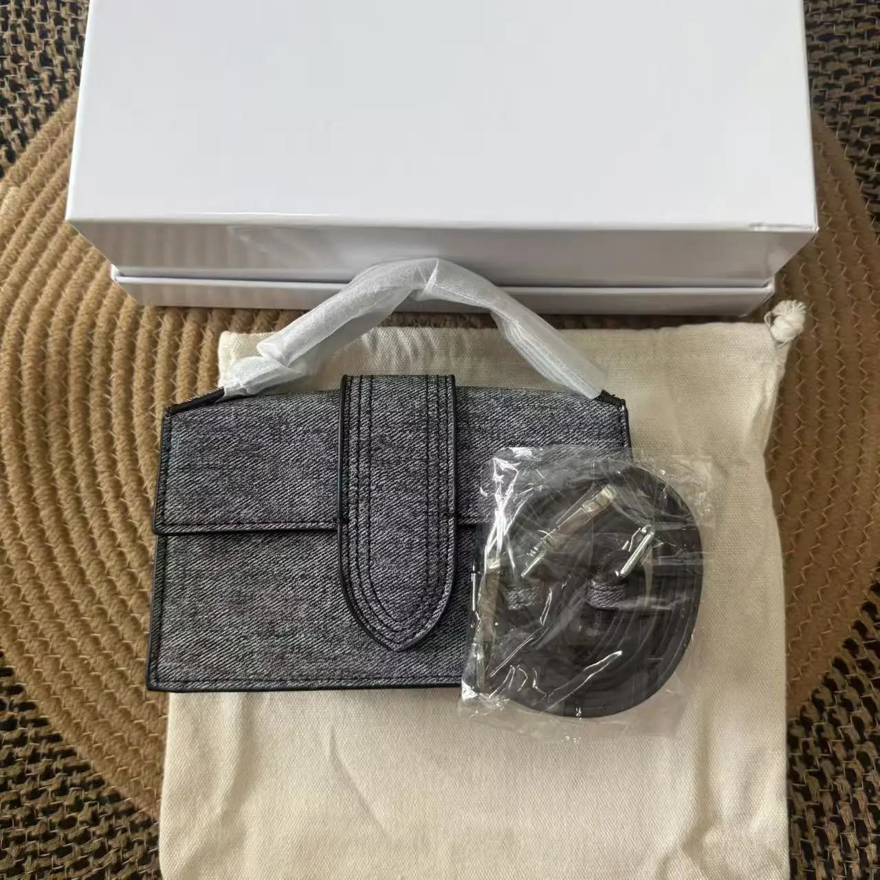 Women Denim Textured Mini Baguette Bag Thin Short Top Handle Detachable Adjustable Crossbody Strap Flap Purse