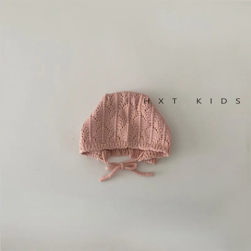 Fashion Retro Hollow Children Knitted Hats Handmade Crochet Flower Girls Parent-child Outdoor Cotton Hat 2024 Autumn Winter Caps
