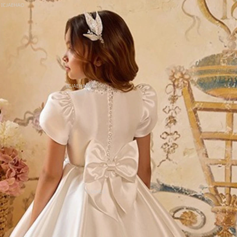 White Wedding Dress for Girls New Satin Princess Party Gown Clothes Children Birthday Host Piano Performance Pageant Costume