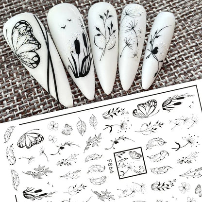 Black and White Love Flowers Line Art 3D Stickers Nail Decals Nail Art Accessories Butterfly Rose Nail Stickers Nail Sliders