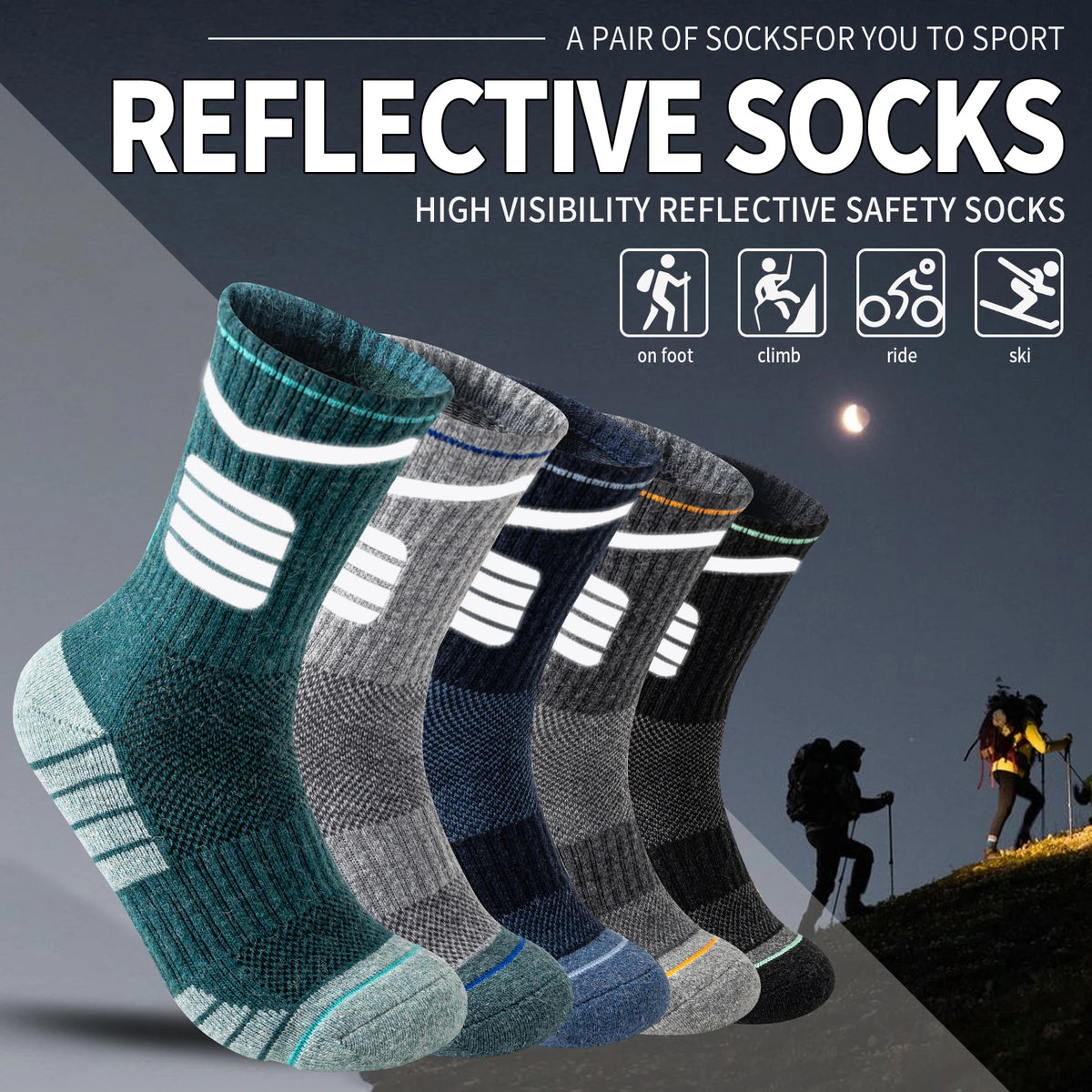5 Pairs Merino Wool Hiking Reflective Socks Outdoor Night Men&Women Trail Running Cycling Trekking Moisture Wicking Cushion Crew Socks