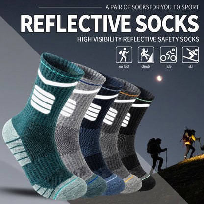 5 Pairs Merino Wool Hiking Reflective Socks Outdoor Night Men&Women Trail Running Cycling Trekking Moisture Wicking Cushion Crew Socks