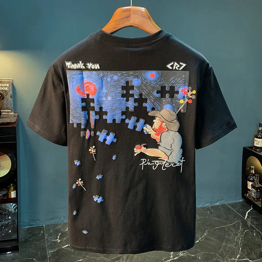 Fashionable men's T-shirt trend abstract artistic print summer loose combed cotton comfortable short sleeved top