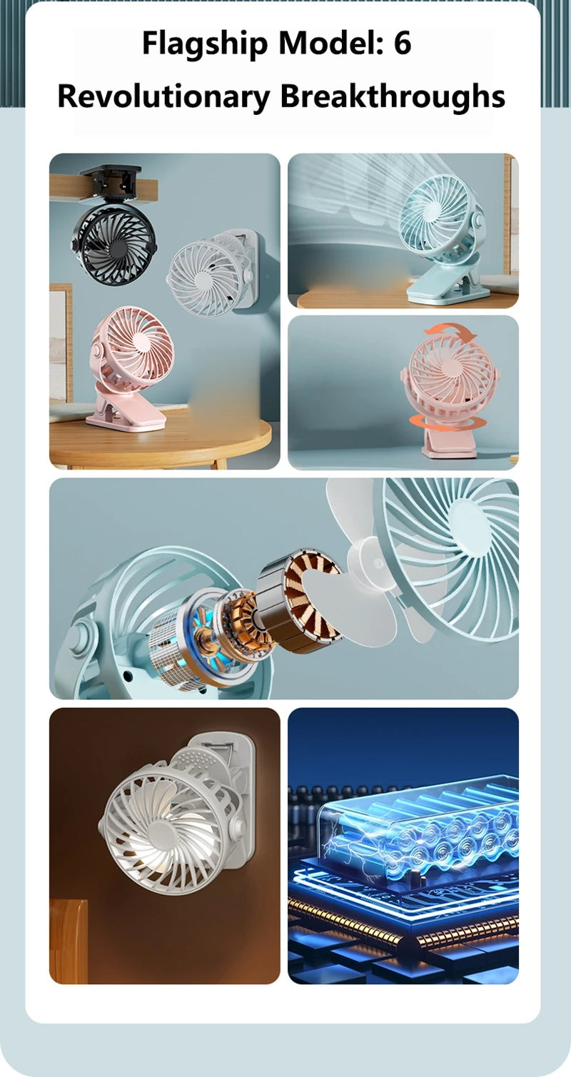 Mini Clip Fan 720°Rotation Built-in Night Lamp USB Rechargeable Powerful Airflow Portable Cooling Fan For Travel Camping Outdoor