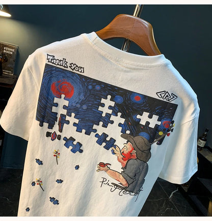Fashionable men's T-shirt trend abstract artistic print summer loose combed cotton comfortable short sleeved top