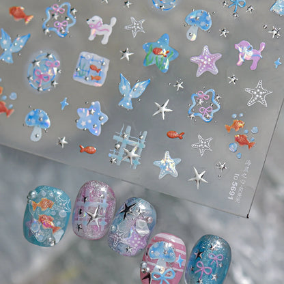 5D Starfish Fish Tail Small Fish Blue Bow Shell Silver Glitter Star Nail Art Stickers Ocean Fantasy Summer Nail Decals Manicure