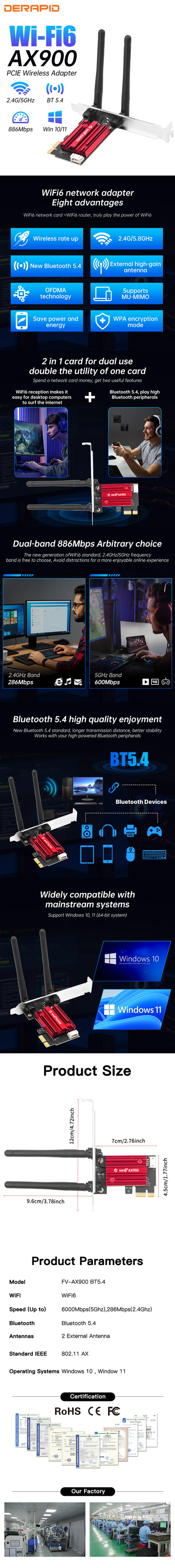 WiFi 6 Network Card PCIe X1 Dual-Band Wireless 2.4G/5GHz 5.4 Wi-Fi6 Bluetooth High Speed Antennas for Windows 10/11 Desktop PC