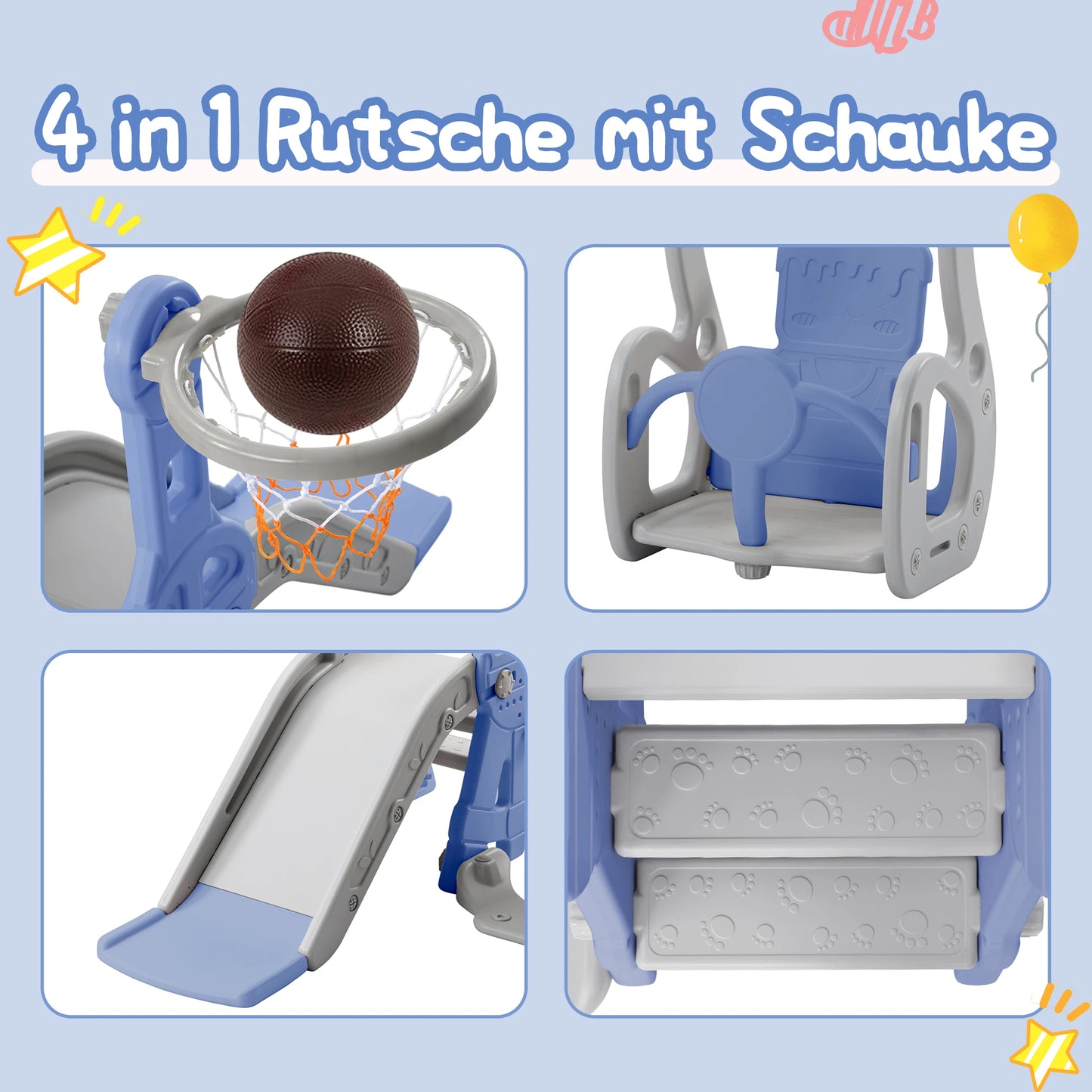 Anajqaqia 4-in-1 Children's Slide and Swing Set with Climbing Ladder & Basketball Hoop, Indoor Outdoor Toddler Play Centre, Blue