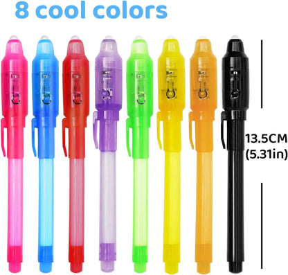 Invisible Ink Pens with UV Light,8 Colors Glow ,Secret Message Writing Detective Party Favors, Birthday Christmas
