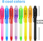 Invisible Ink Pens with UV Light,8 Colors Glow ,Secret Message Writing Detective Party Favors, Birthday Christmas