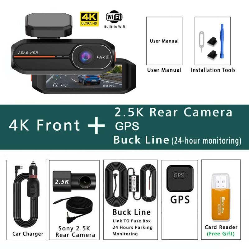 4K 3840*2160P Dash Cam WiFi GPS ADAS Front 4K Rear 2.5K DVR Video Recorder 24H Night Vision Dashcam Car Camera For Car Black Box