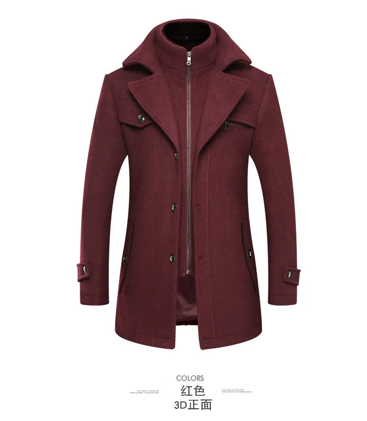 Autumn Winter Double Collar Woolen Coats Men Thick Business Casual Wool Blends Trench Coat Male Solid Turn Down Collar Outerwear