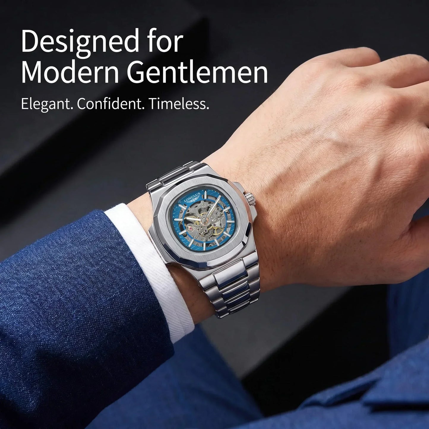 LONGLUX Men Automatic Mechanical Watch Luxury Watches Waterproof Skeleton Business Cheap Wholesale Stainless Steel Gift Watch