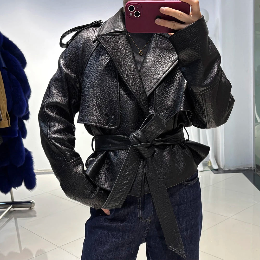 YOLOAgain Vintage Grain Leather Jacket Women Real Leather Sheepskin Jacket With Belt