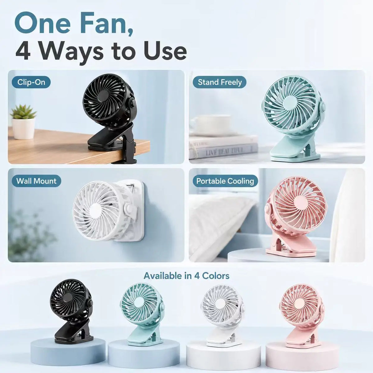 Rechargeable Fan 720° Rotating Hanging Clip Fan with Nightlight for Easy Portability Office Bedroom Dormitory Outdoor Small Fan