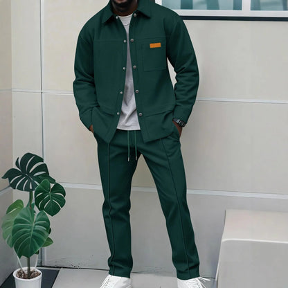 2026 Men's New Style Waffle Plain Color Collar Button-Down Pockets Long-Sleeved Pants Casual Jacket Set