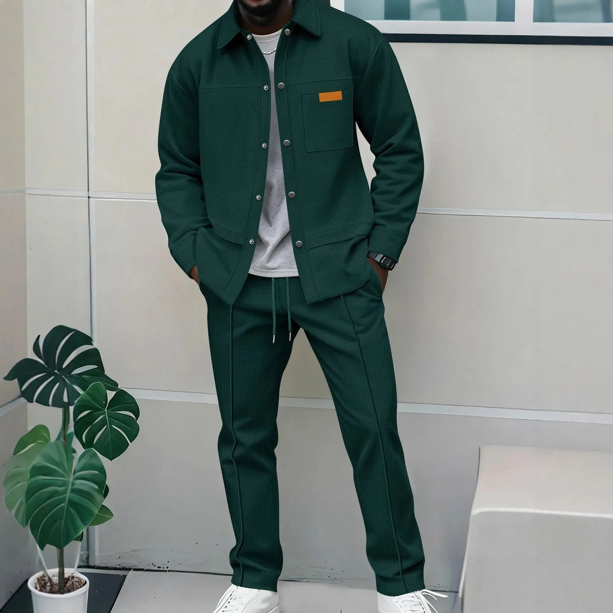 2026 Men's New Style Waffle Plain Color Collar Button-Down Pockets Long-Sleeved Pants Casual Jacket Set
