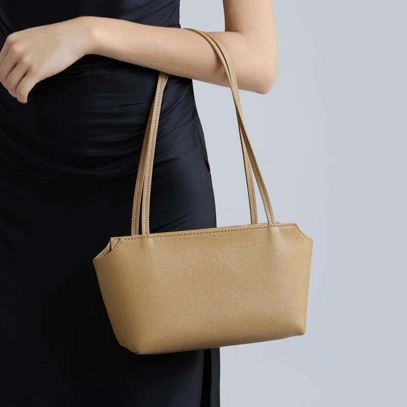 Luxury Women's Genuine Cowhide Leather Mini Shoulder Tote Bag Pebbled Leather Long Strap Underarm Handbag Minimalist Daily Purse