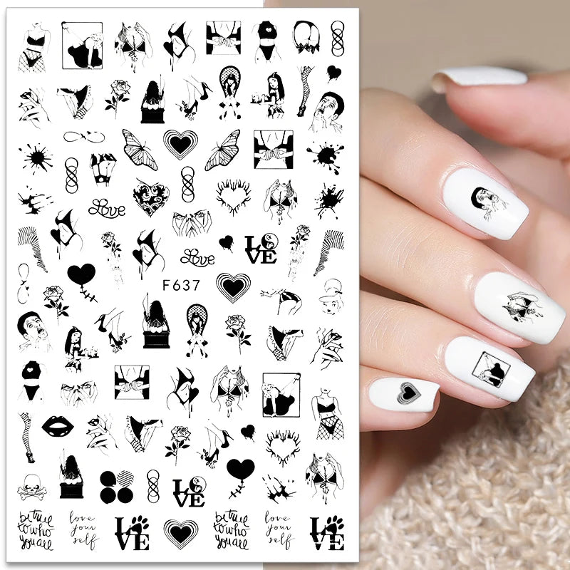 Black and White Love Flowers Line Art 3D Stickers Nail Decals Nail Art Accessories Butterfly Rose Nail Stickers Nail Sliders