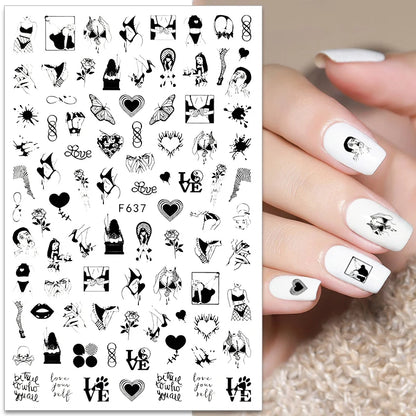Black and White Love Flowers Line Art 3D Stickers Nail Decals Nail Art Accessories Butterfly Rose Nail Stickers Nail Sliders